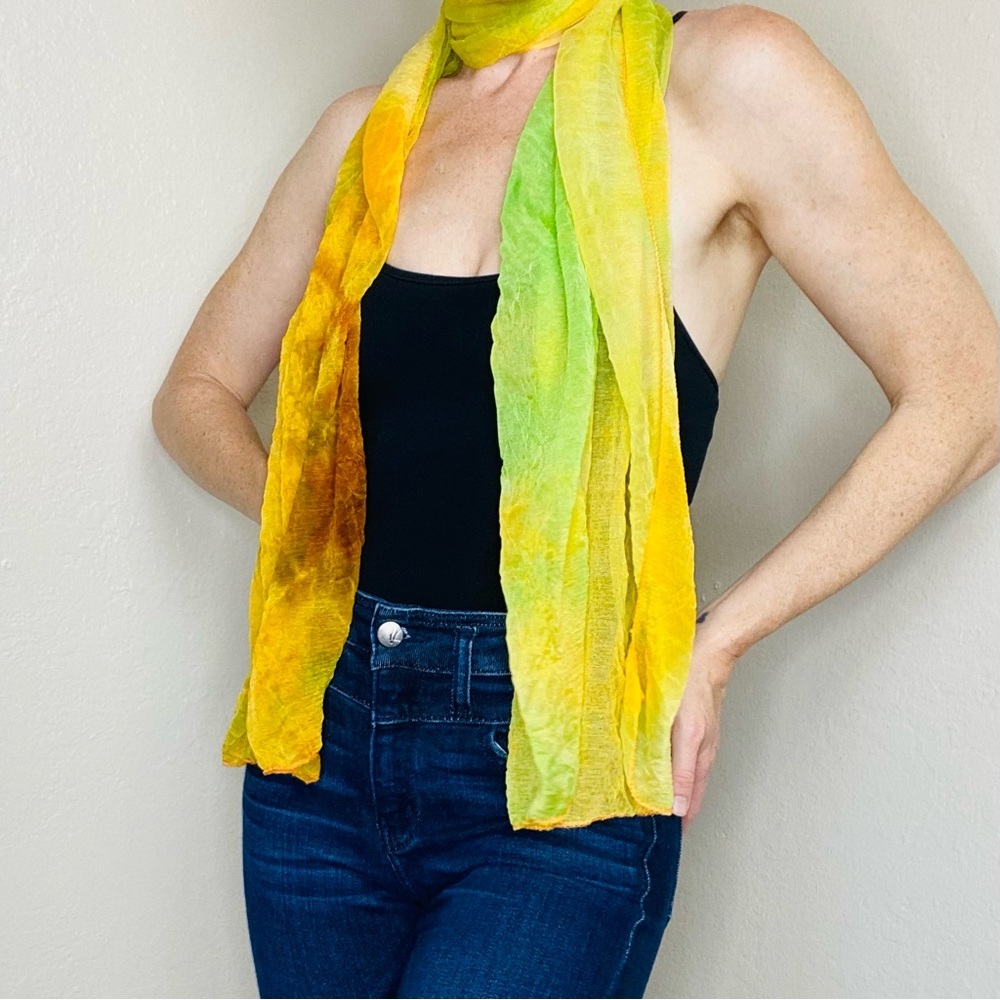 Hippie Yellow, Orange Tie Dye Small Light Sheer Neck Scarf - Picture 3 of 6